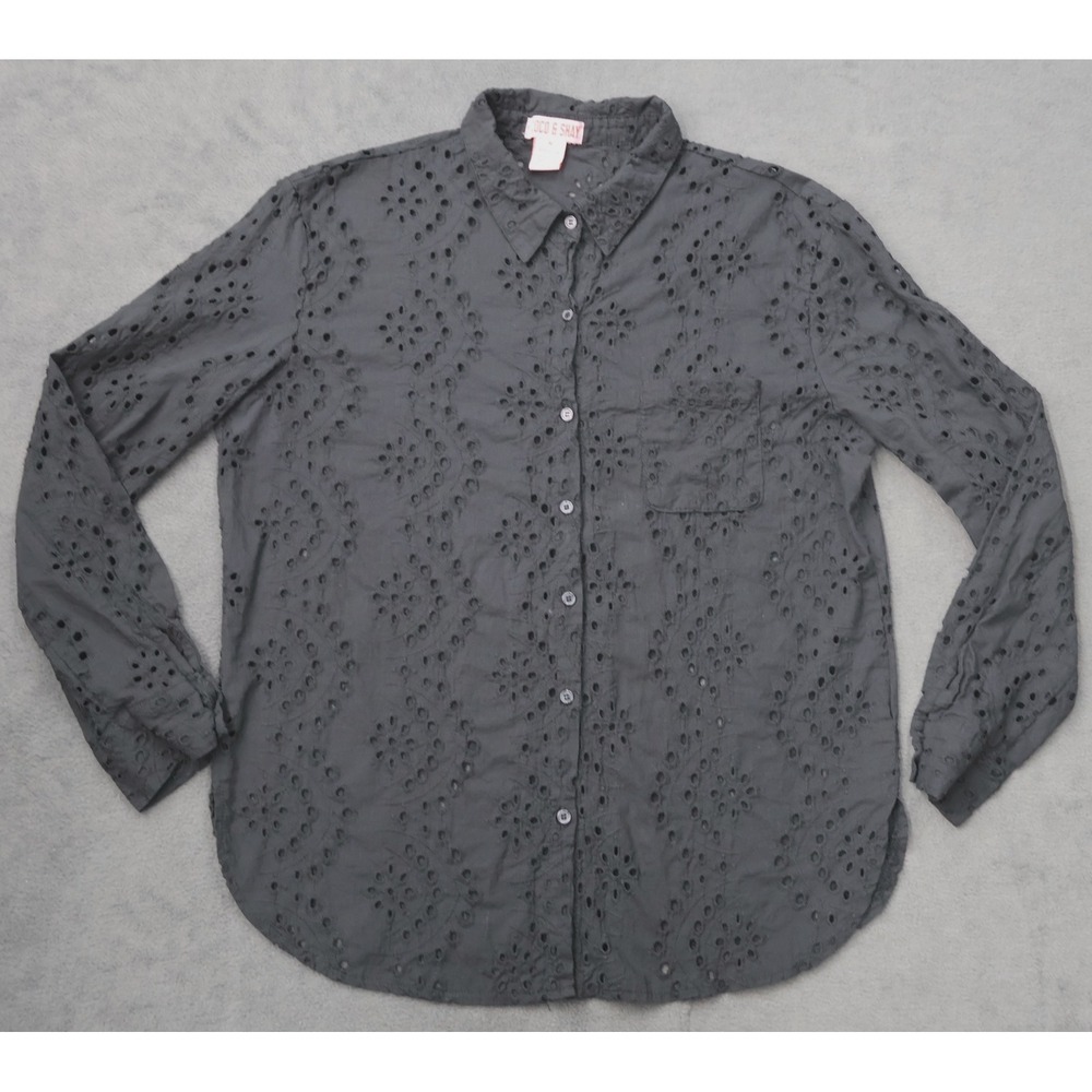 Coco & Shay Eyelet Button Down Women M Black Excellent Cotton Embroidered Shirt